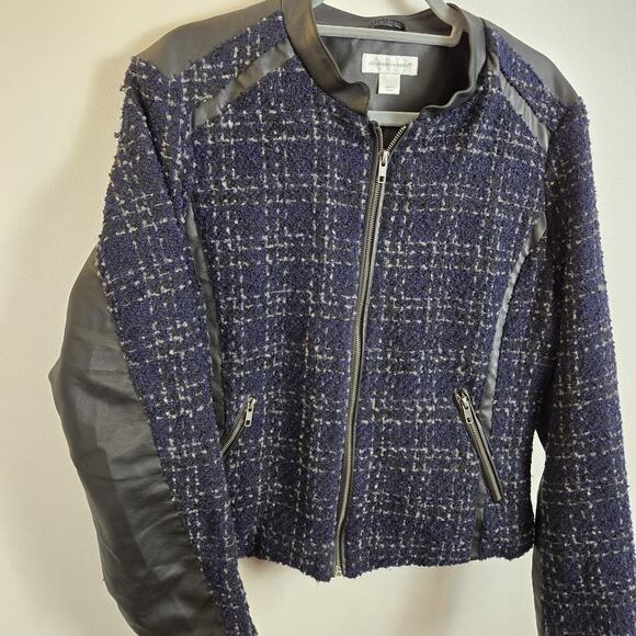 Christopher & Banks Women Nubby Tweed Jacket LARGE Zip Faux Leather Accent Moto - Picture 1 of 9